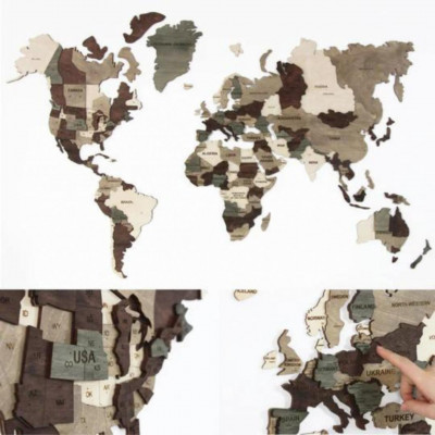 Wooden wall map of the world in 3D
