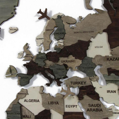 Wooden wall map of the world in 3D