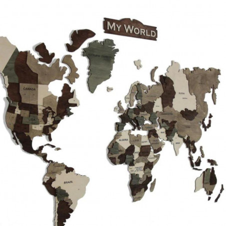 Wooden wall map of the world in 3D