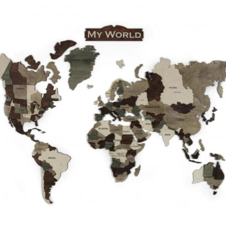 Wooden wall map of the world in 3D