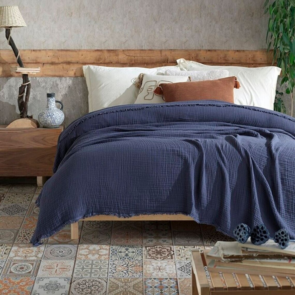 Bedspread-plaid MUSLIN Blue | Blue Bedspread-plaid MUSLIN Blue | Blue