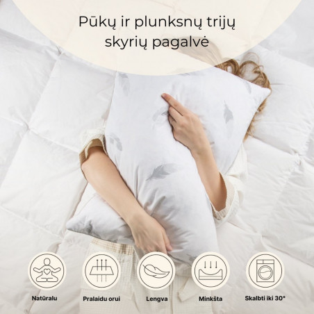 Pūkų ir plunksnų trijų skyrių pagalvė